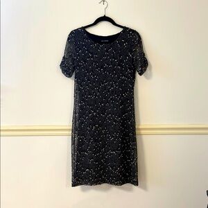 Nina Leonard short sleeved black‎ crocheted dress with slip